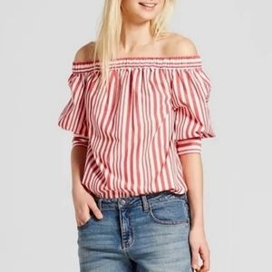 🆕️ WHO WHAT WEAR Red & White Striped 100% Cotton Off Shoulder Top SIZE: S